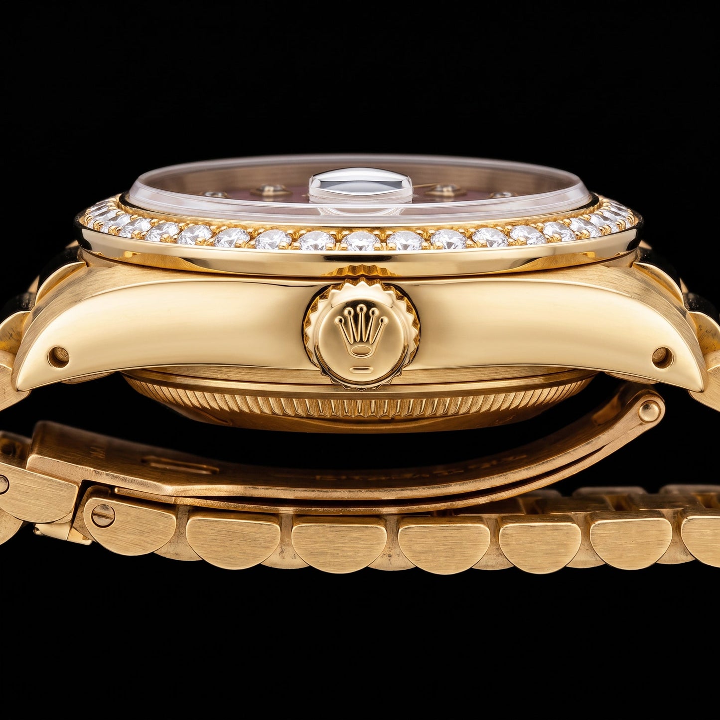 Yellow Gold Presidential Rolex 31 mm Burgundy Mother Of Pearl Diamond Dial Watch