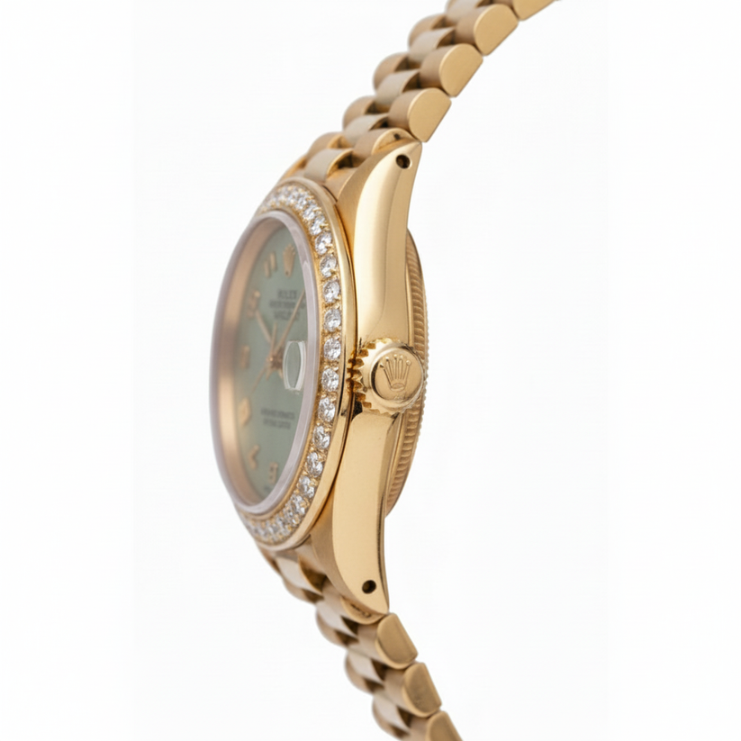 Yg Rolex Datejust President Style Watch Diamond Bezel Arabic Dial
