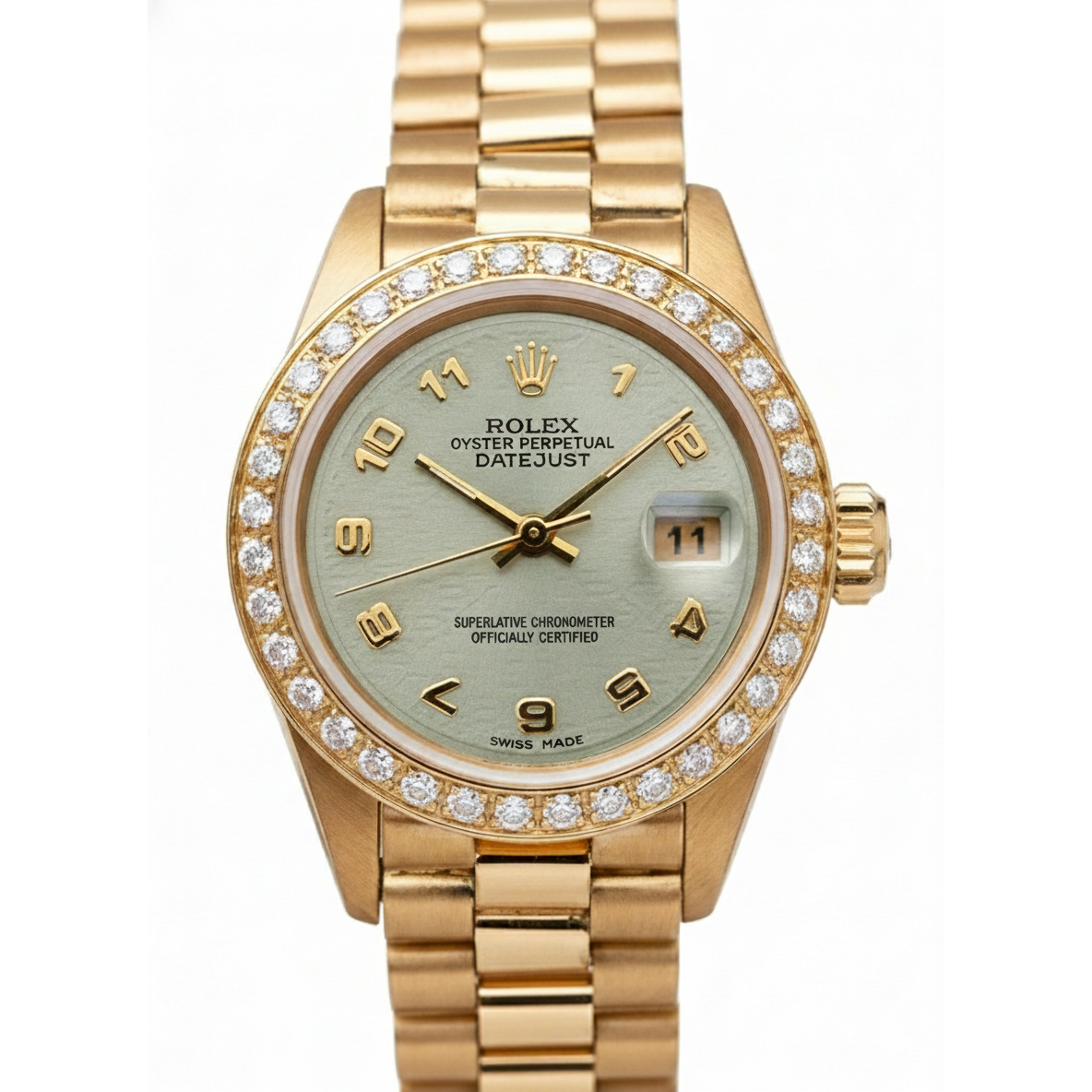 Yg Rolex Datejust President Style Watch Diamond Bezel Arabic Dial