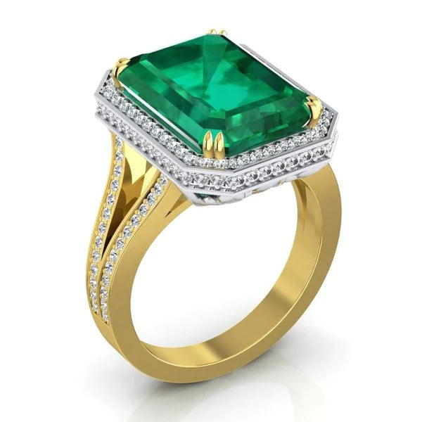 Zambian Green Emerald And Diamond Engagement Ring 11.50 Carats Two Tone 14K