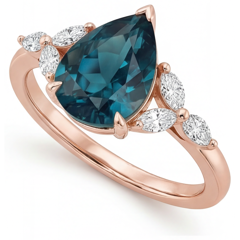 Alexandrite Pear Shape 3-Stone Ring in 14K Rose Gold – angle view