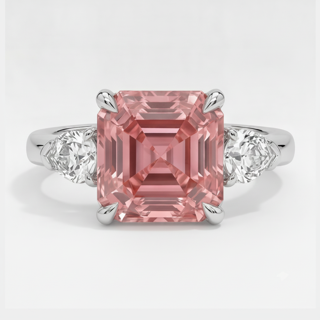 Padparadscha Sapphire Ring 3.6 Carat Genuine Asscher and White Trilliant Three Stone Platinum