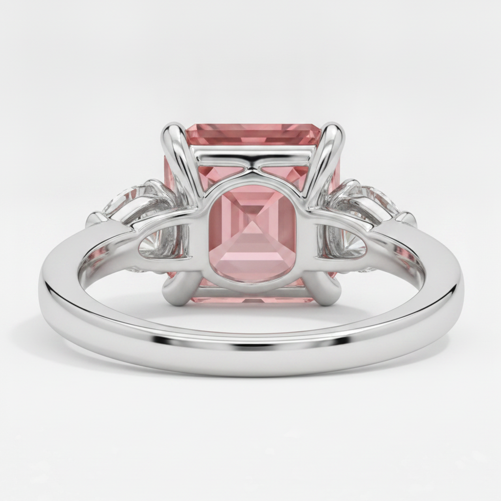 Padparadscha Sapphire Ring 3.6 Carat Genuine Asscher and White Trilliant Three Stone Platinum