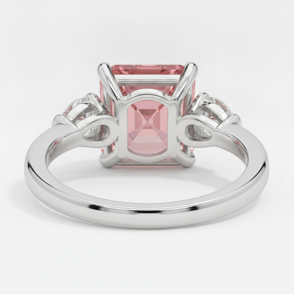 Padparadscha Sapphire Ring 3.6 Carat Genuine Asscher and White Trilliant Three Stone Platinum