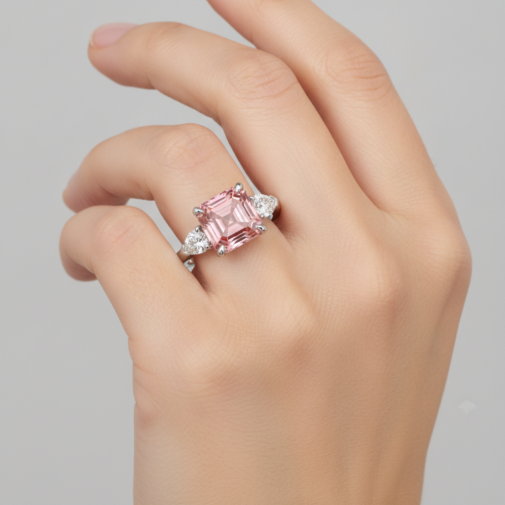 Padparadscha Sapphire Ring 3.6 Carat Genuine Asscher and White Trilliant Three Stone Platinum