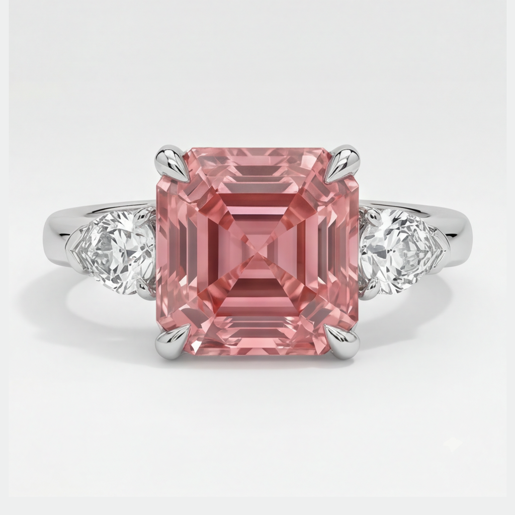 Padparadscha Sapphire Ring 3.6 Carat Genuine Asscher and White Trilliant Three Stone Platinum