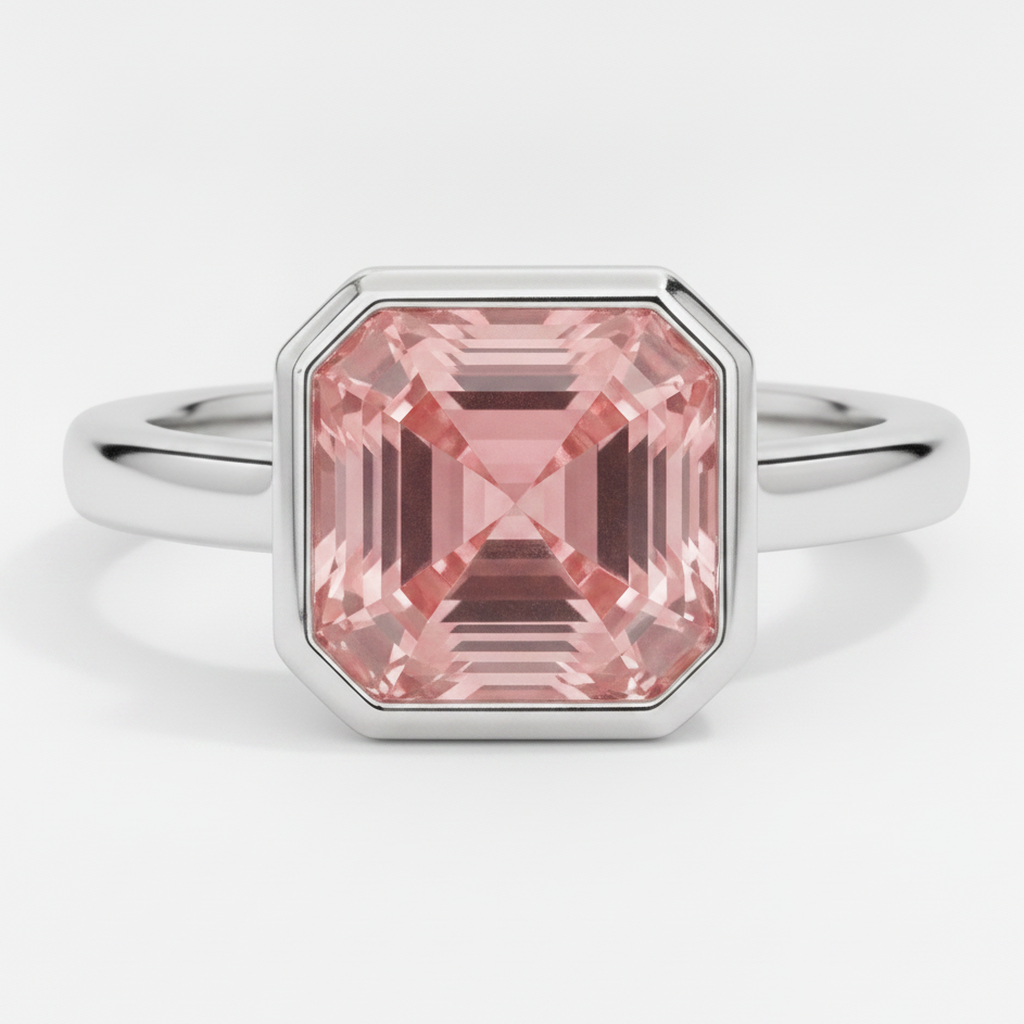 Peach Color Sapphire 3 Carat Real Asscher Padparadscha Bezel Solitaire Ring Platinum