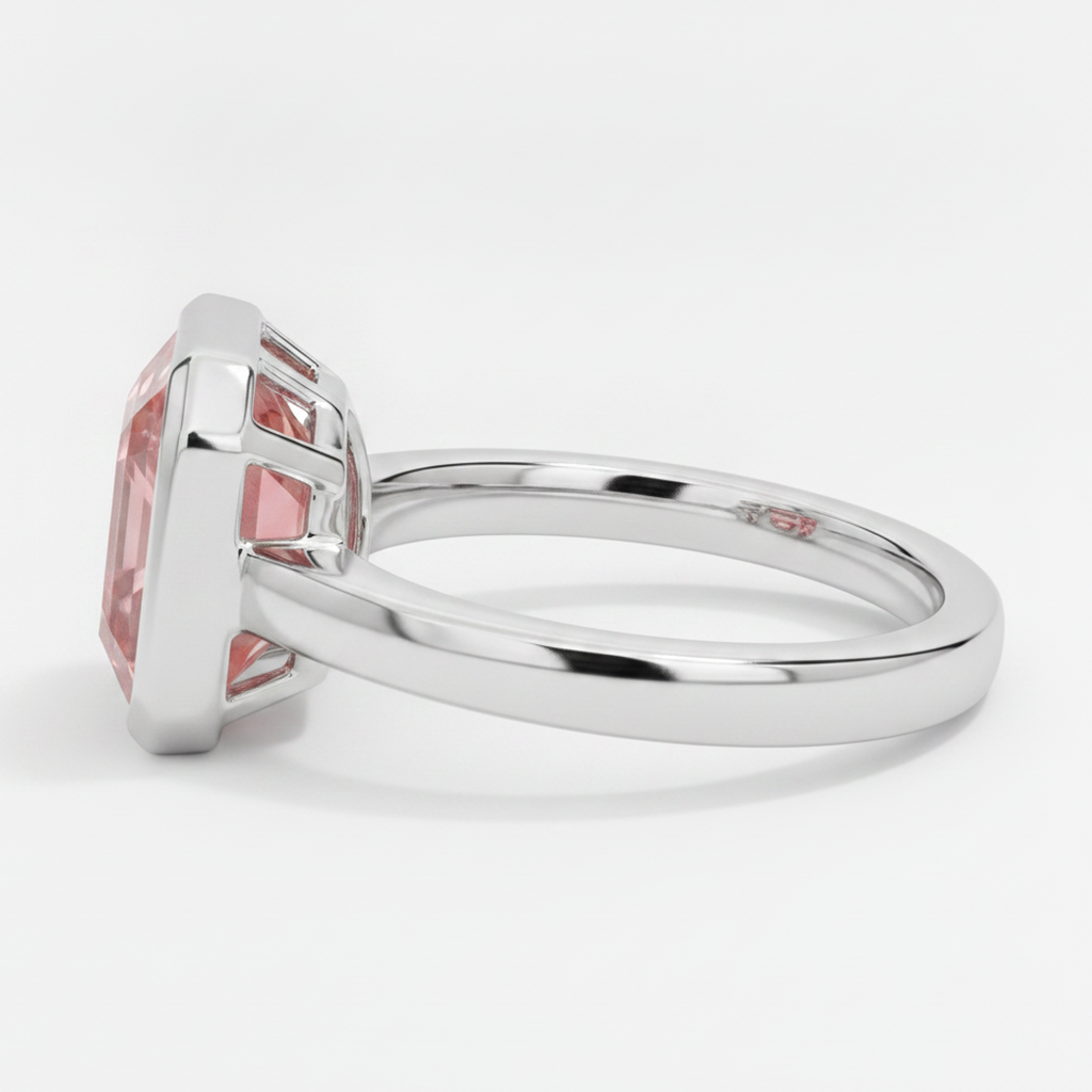 Peach Color Sapphire 3 Carat Real Asscher Padparadscha Bezel Solitaire Ring Platinum