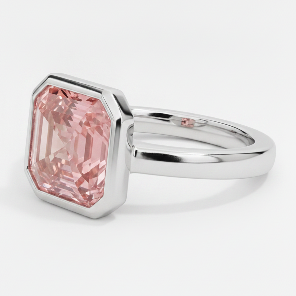 Peach Color Sapphire 3 Carat Real Asscher Padparadscha Bezel Solitaire Ring Platinum