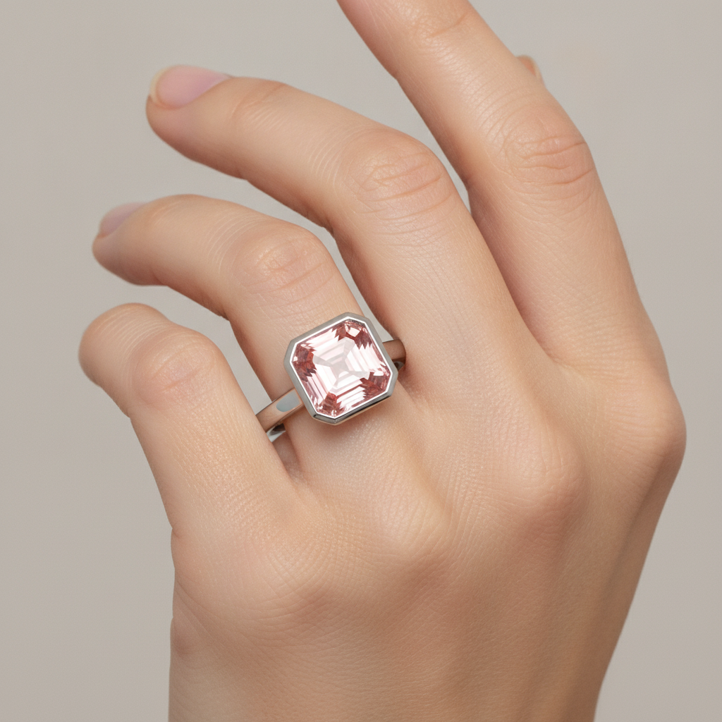 Peach Color Sapphire 3 Carat Real Asscher Padparadscha Bezel Solitaire Ring Platinum