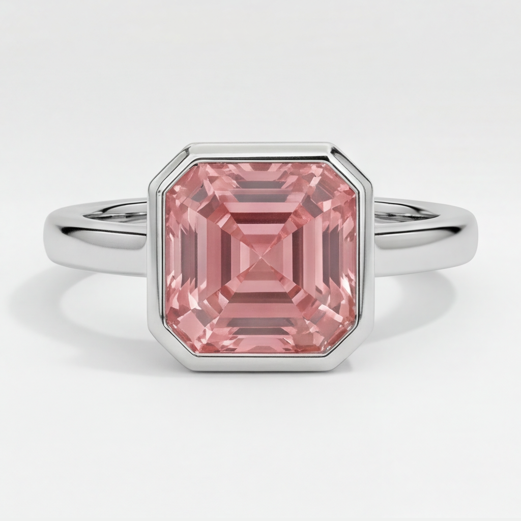 Peach Color Sapphire 3 Carat Real Asscher Padparadscha Bezel Solitaire Ring Platinum