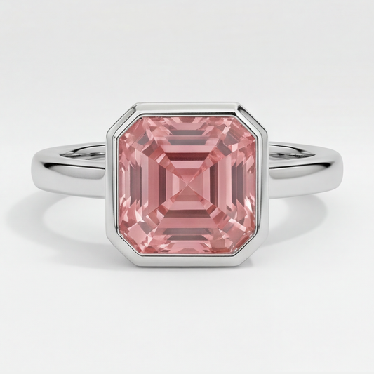 Peach Color Sapphire 3 Carat Real Asscher Padparadscha Bezel Solitaire Ring Platinum