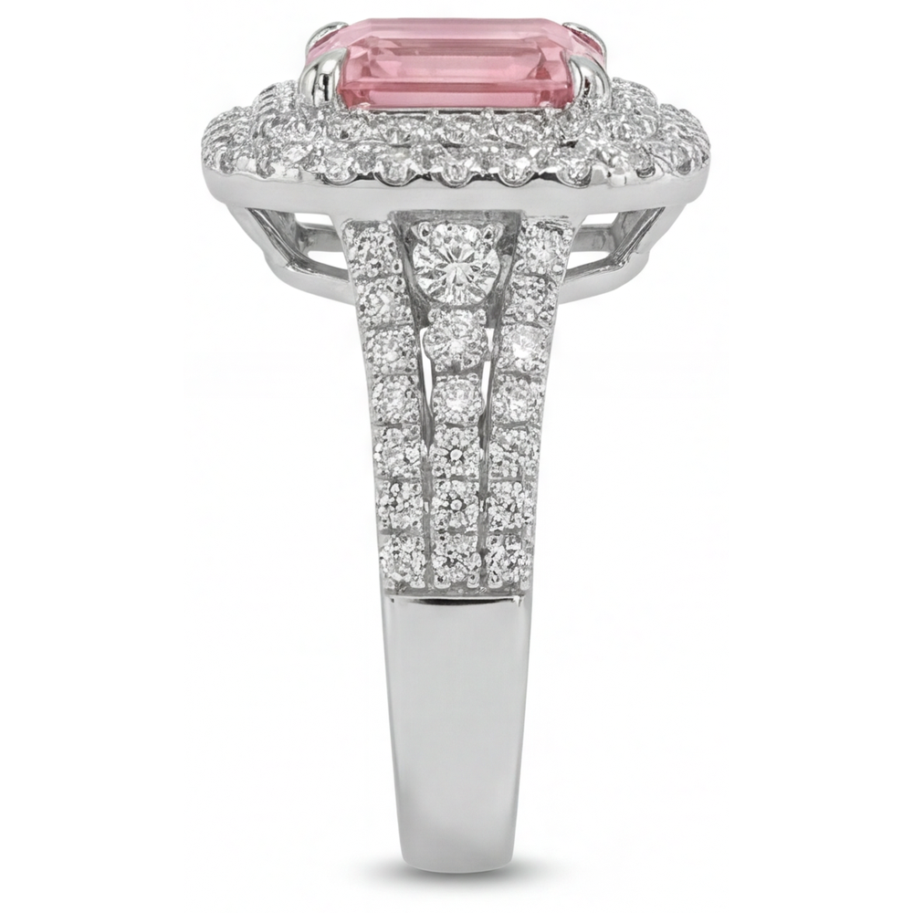 Peach Color Sapphire 4.5 Carat Lab Grown Asscher Padparadscha Double Halo Ring 14K White Gold