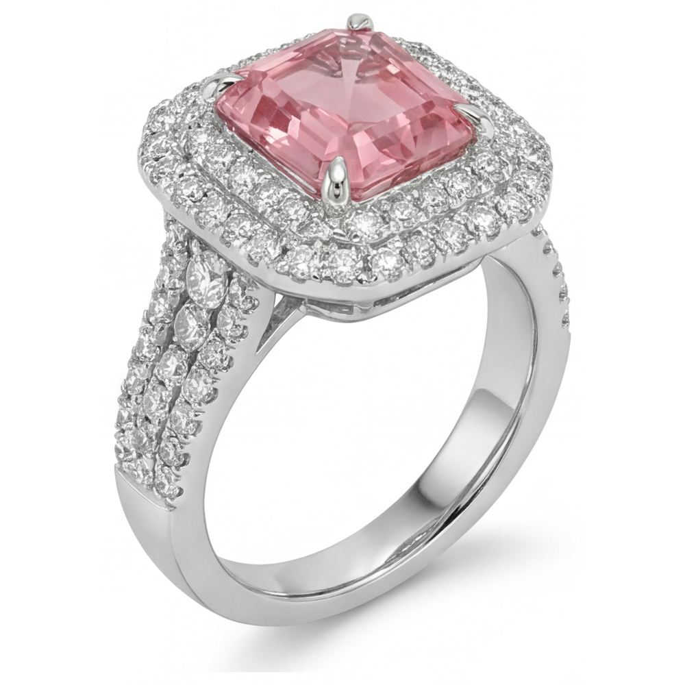 Peach Color Sapphire 4.5 Carat Lab Grown Asscher Padparadscha Double Halo Ring 14K White Gold