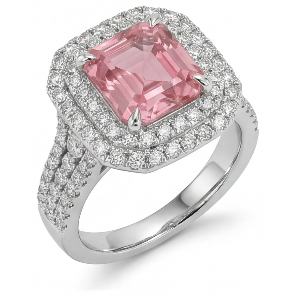 Peach Color Sapphire 4.5 Carat Lab Grown Asscher Padparadscha Double Halo Ring 14K White Gold