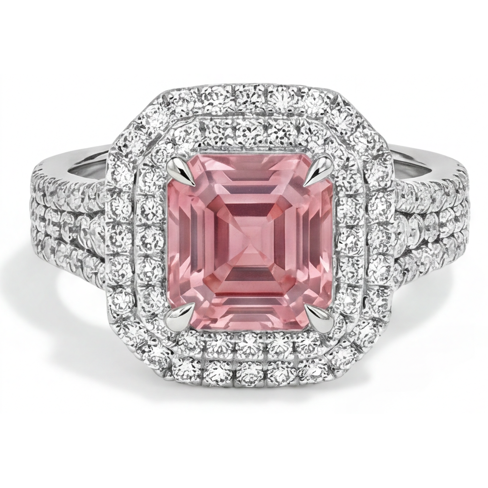 Peach Color Sapphire 4.5 Carat Lab Grown Asscher Padparadscha Double Halo Ring 14K White Gold