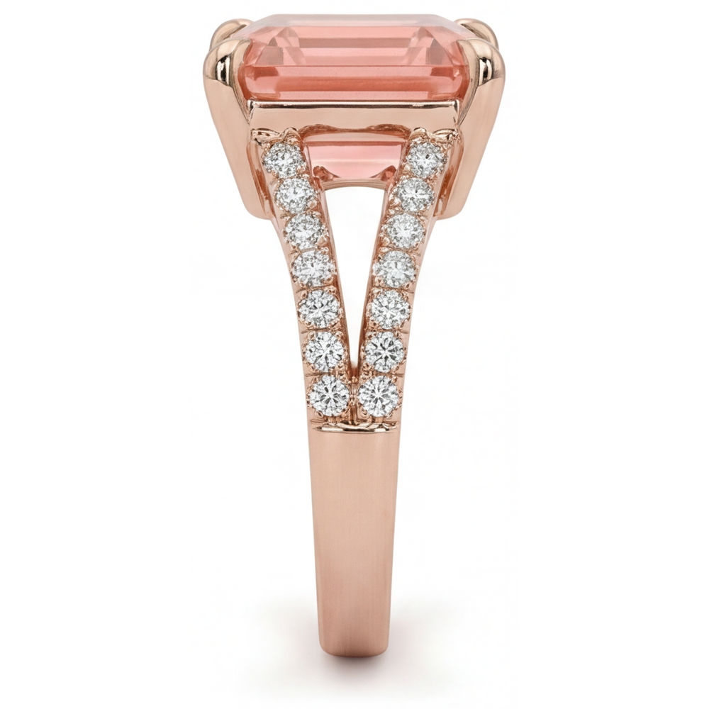 Padparadscha Sapphire Ring 4.3 Carat Lab Grown Asscher Pave 14K Rose Gold