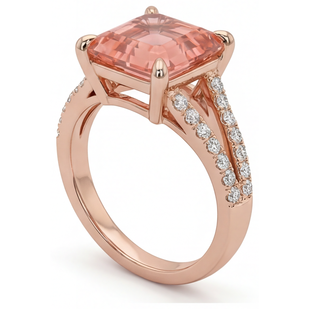 Padparadscha Sapphire Ring 4.3 Carat Lab Grown Asscher Pave 14K Rose Gold