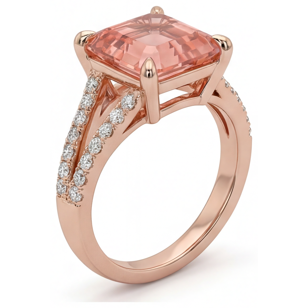 Padparadscha Sapphire Ring 4.3 Carat Lab Grown Asscher Pave 14K Rose Gold