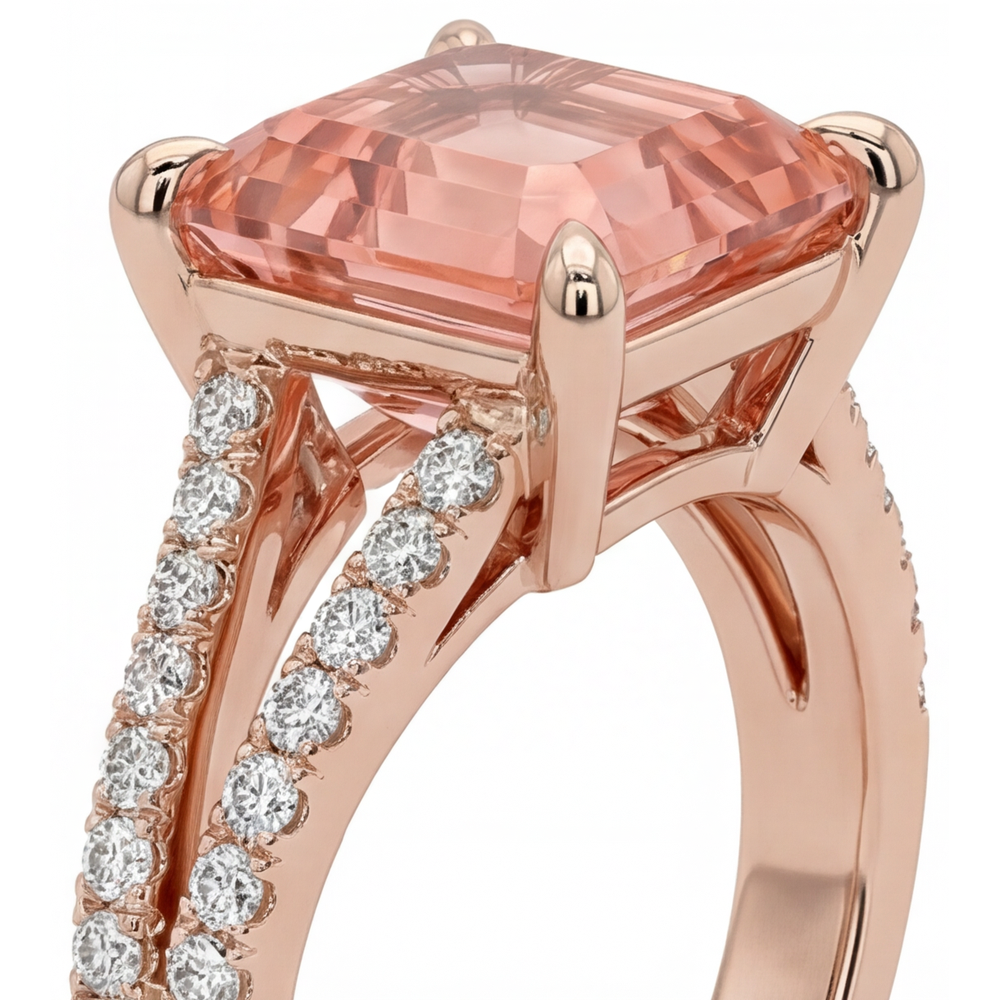 Padparadscha Sapphire Ring 4.3 Carat Lab Grown Asscher Pave 14K Rose Gold