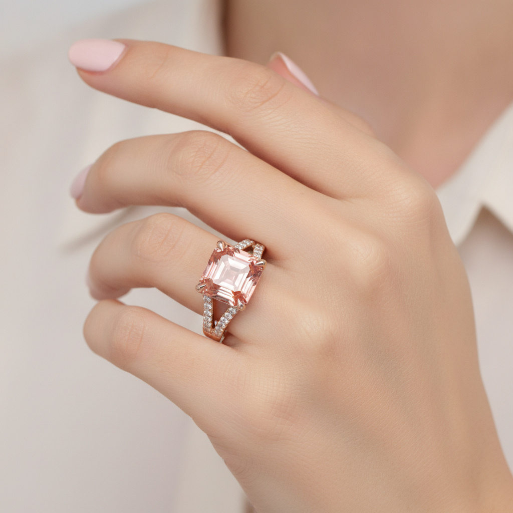 Padparadscha Sapphire Ring 4.3 Carat Lab Grown Asscher Pave 14K Rose Gold