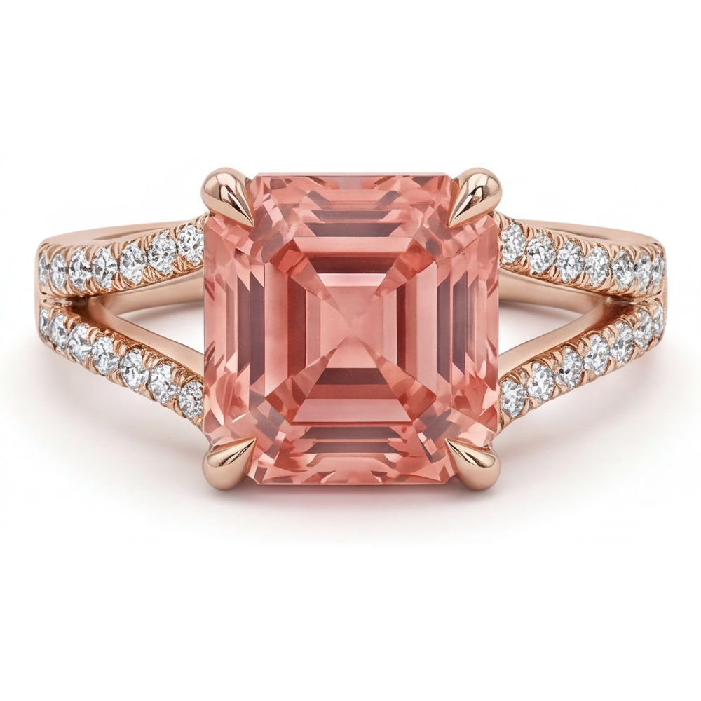 Padparadscha Sapphire Ring 4.3 Carat Lab Grown Asscher Pave 14K Rose Gold