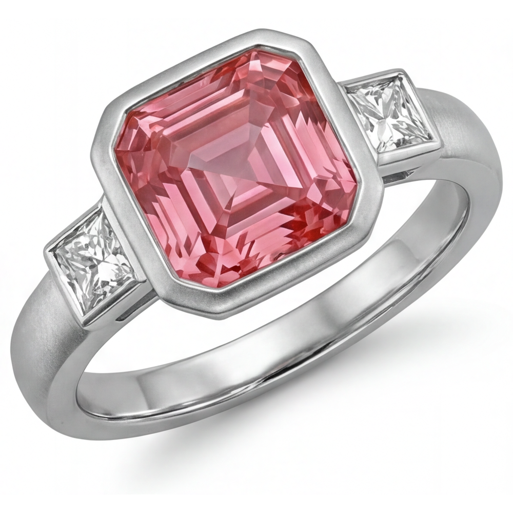 Peach Sapphire Engagement Ring 2.9 Carat Natural Asscher Padparadscha and White Baguette Bezel Three Stone 14K Gold
