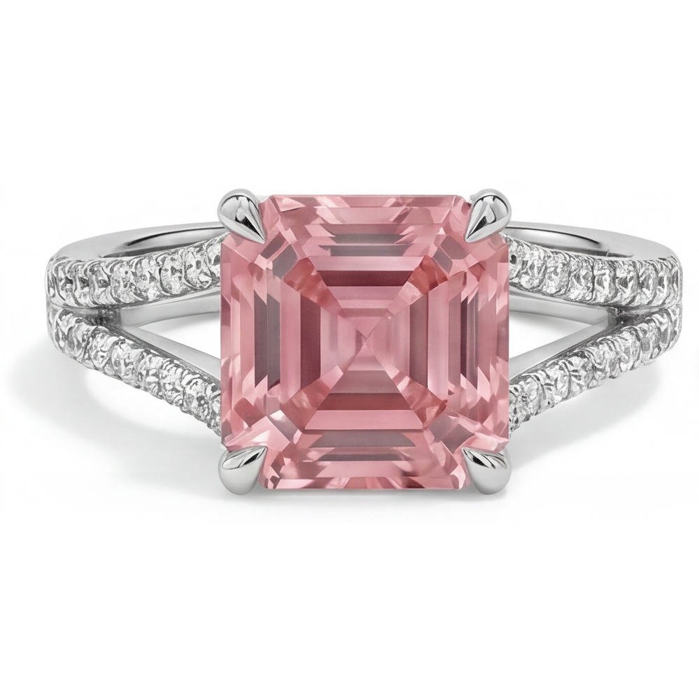 Peach Sapphire 3.8 Carat Natural Asscher Padparadscha Pave Ring 14K White Gold