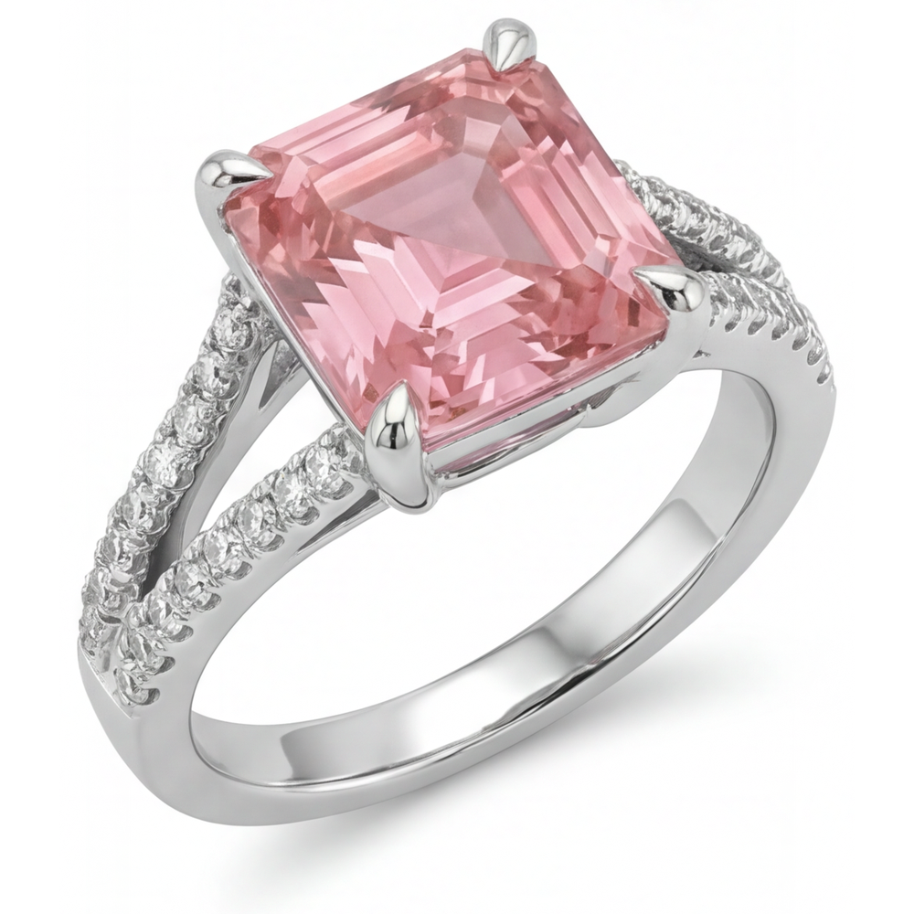 Peach Sapphire Engagement Ring 3.8 Carat Natural Asscher Padparadscha Pave 14K White Gold