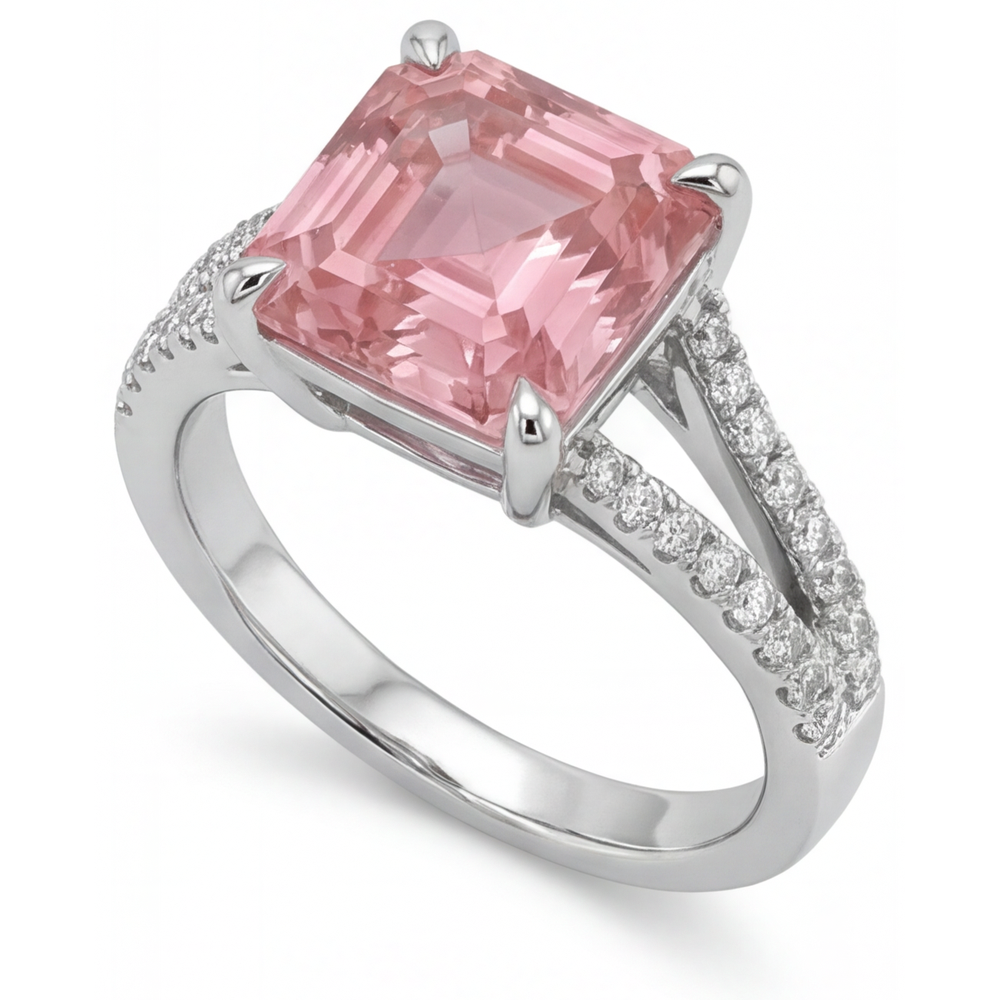 Peach Sapphire Engagement Ring 3.8 Carat Natural Asscher Padparadscha Pave 14K White Gold