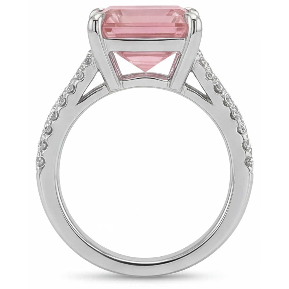 Peach Sapphire Engagement Ring 3.8 Carat Natural Asscher Padparadscha Pave 14K White Gold