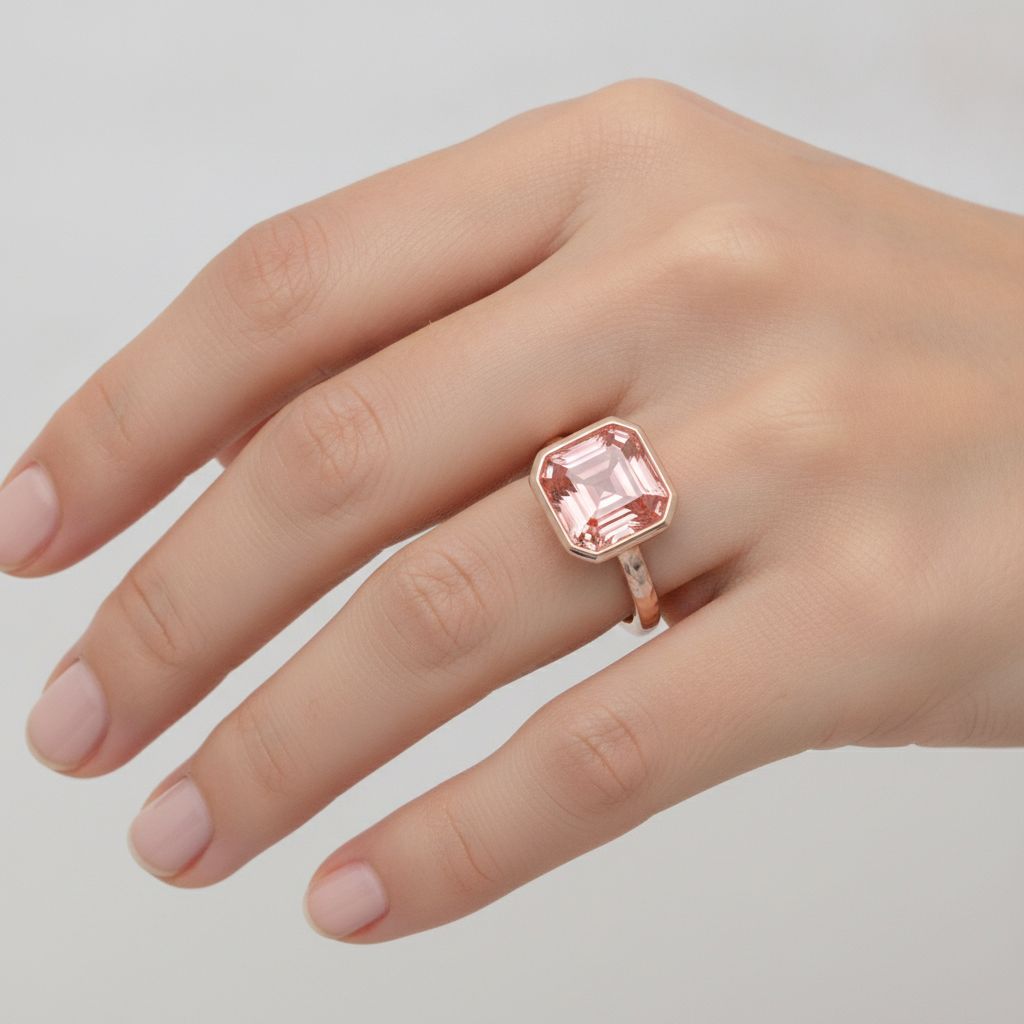 Peach Sapphire Rose Gold Engagement Ring 2.5 Carat Genuine Asscher Padparadscha Bezel Solitaire
