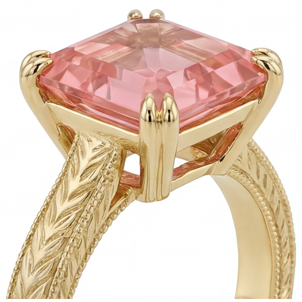 Peach Sapphire Engagement Ring 3.5 Carat Natural Asscher Padparadscha Solitaire 14K Yellow Gold
