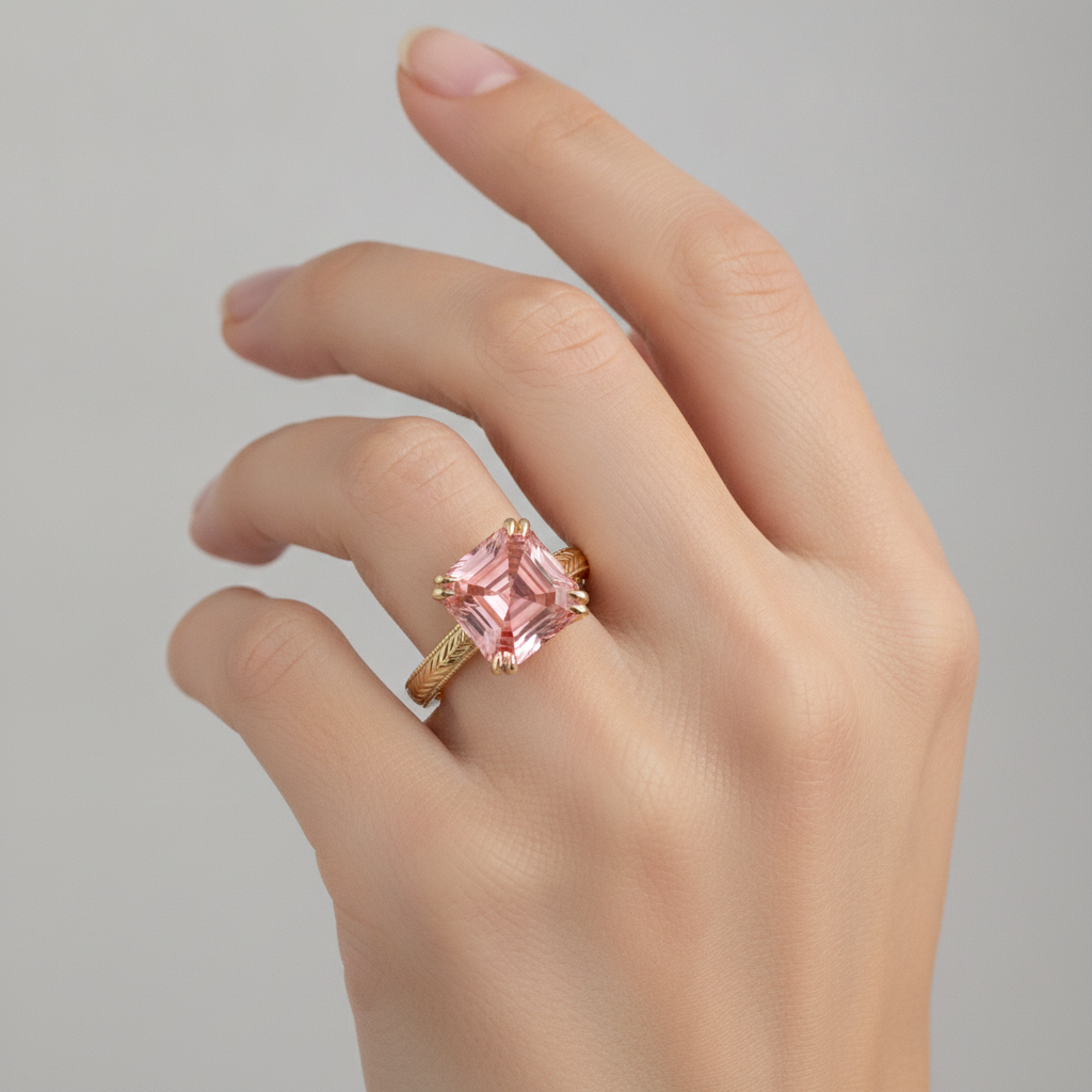 Peach Sapphire Engagement Ring 3.5 Carat Natural Asscher Padparadscha Solitaire 14K Yellow Gold