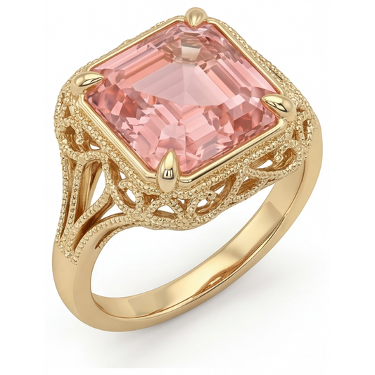 Peach Color Sapphire 3.5 Carat Genuine Asscher Padparadscha Solitaire Vintage Ring 14K Yellow Gold