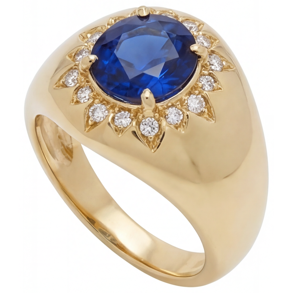 Blue Sapphire Round Cut Colored Stone Ring in 14 Karat Yellow Gold – side view