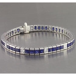 IGI CERTIFIED Blue Sapphire Tennis Bracelet Princess Cut 25 Carats White Gold 14K