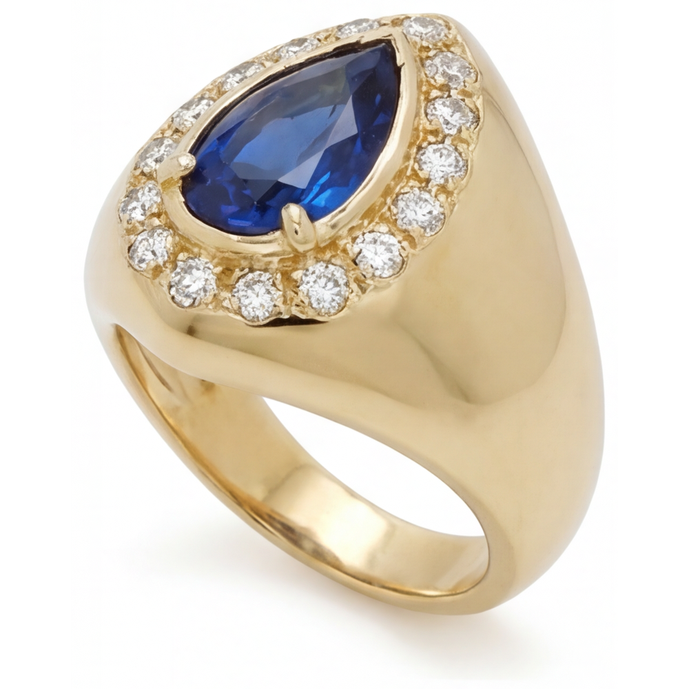 Blue Sapphire Pear Cut Precious Stone Ring in 14 Karat Yellow Gold – side view