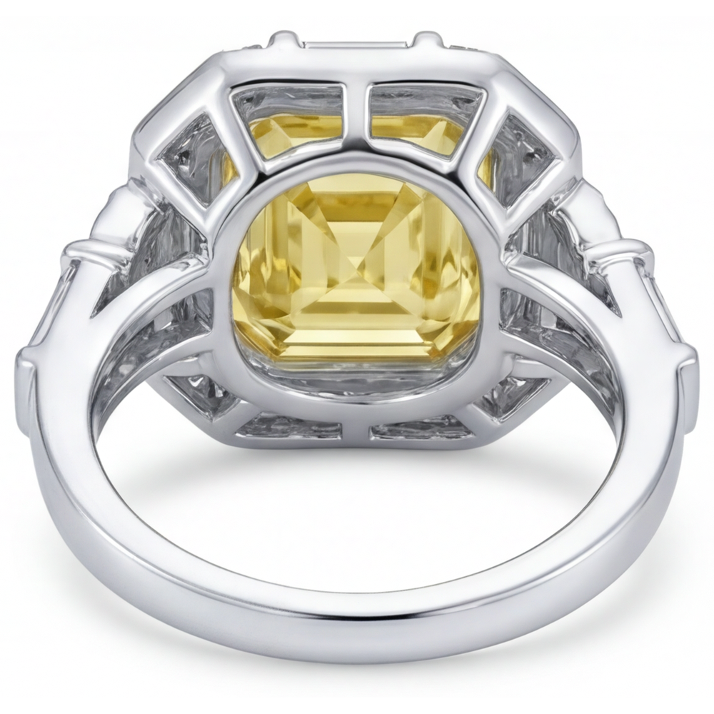 Canary Yellow Diamond Asscher Cut Halo Engagement Ring in 14K Two Tone Gold – top view