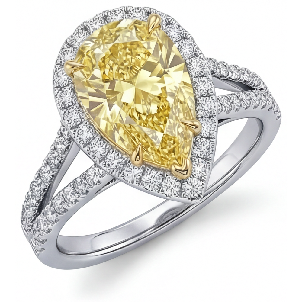 Pear Cut Canary Yellow Diamond ring in Two-Tone 14K Gold – front view