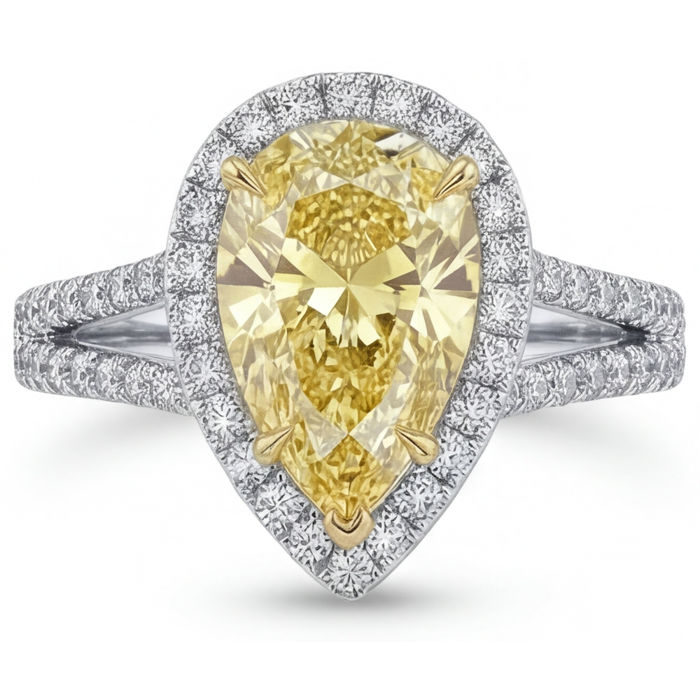 Pear Cut Canary Yellow Diamond ring in Two-Tone 14K Gold – angle view