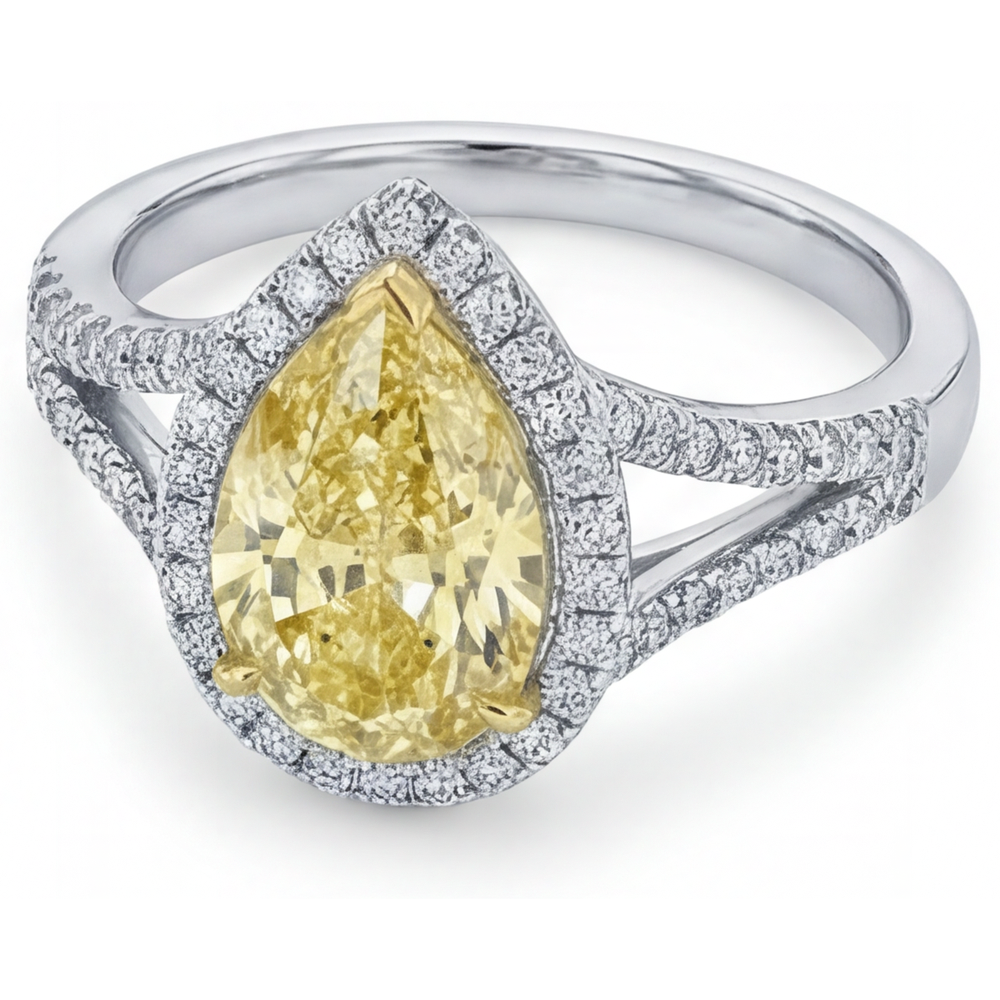 Pear Cut Canary Yellow Diamond ring in Two-Tone 14K Gold – top view