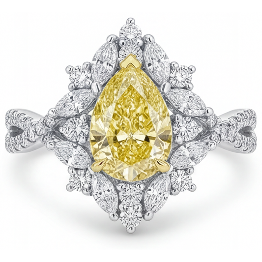 Pear Shape Canary Yellow Diamond ring in 14 Karat Two Tone Gold – main view