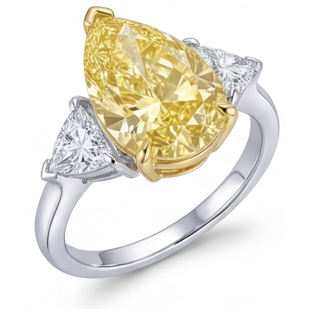 Pear Shape Canary Yellow Diamond ring in 14K Two Tone Gold – side view