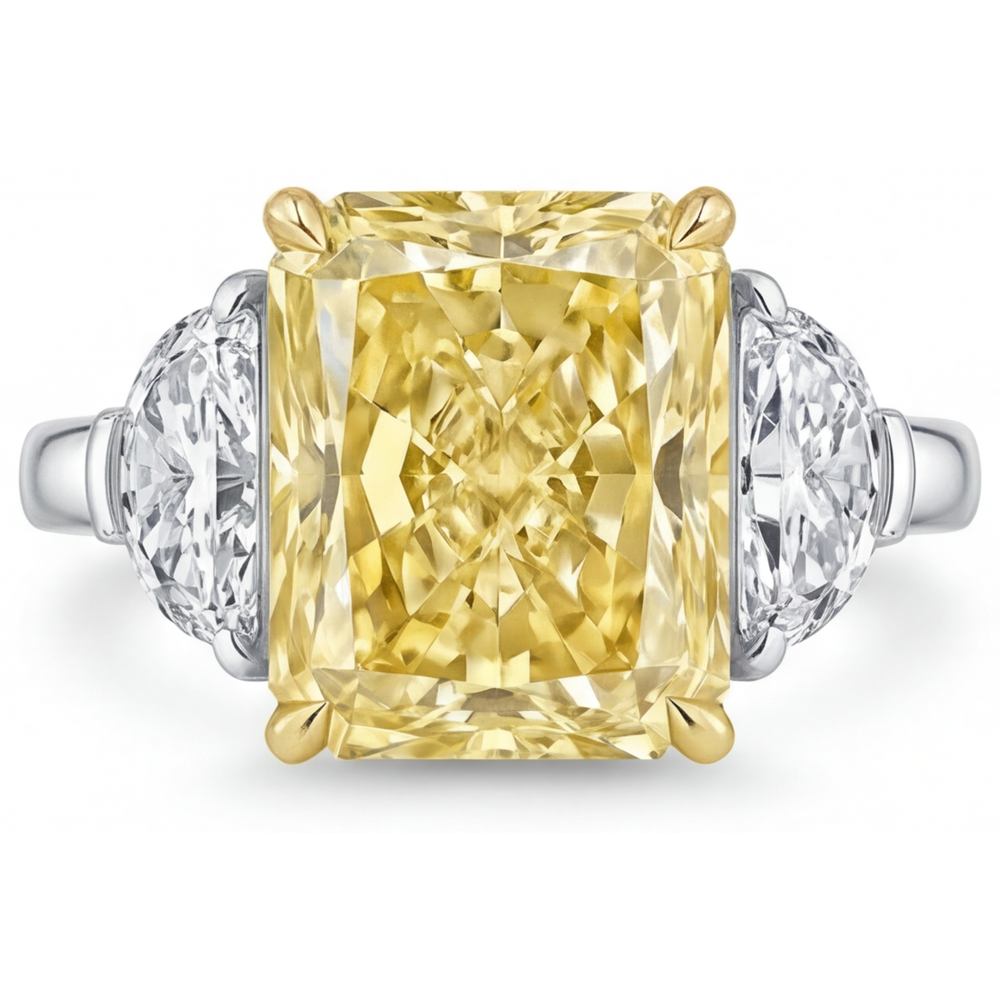 Canary Yellow Diamond Radiant Three Stone Ring in 14K Two Tone Gold – main view