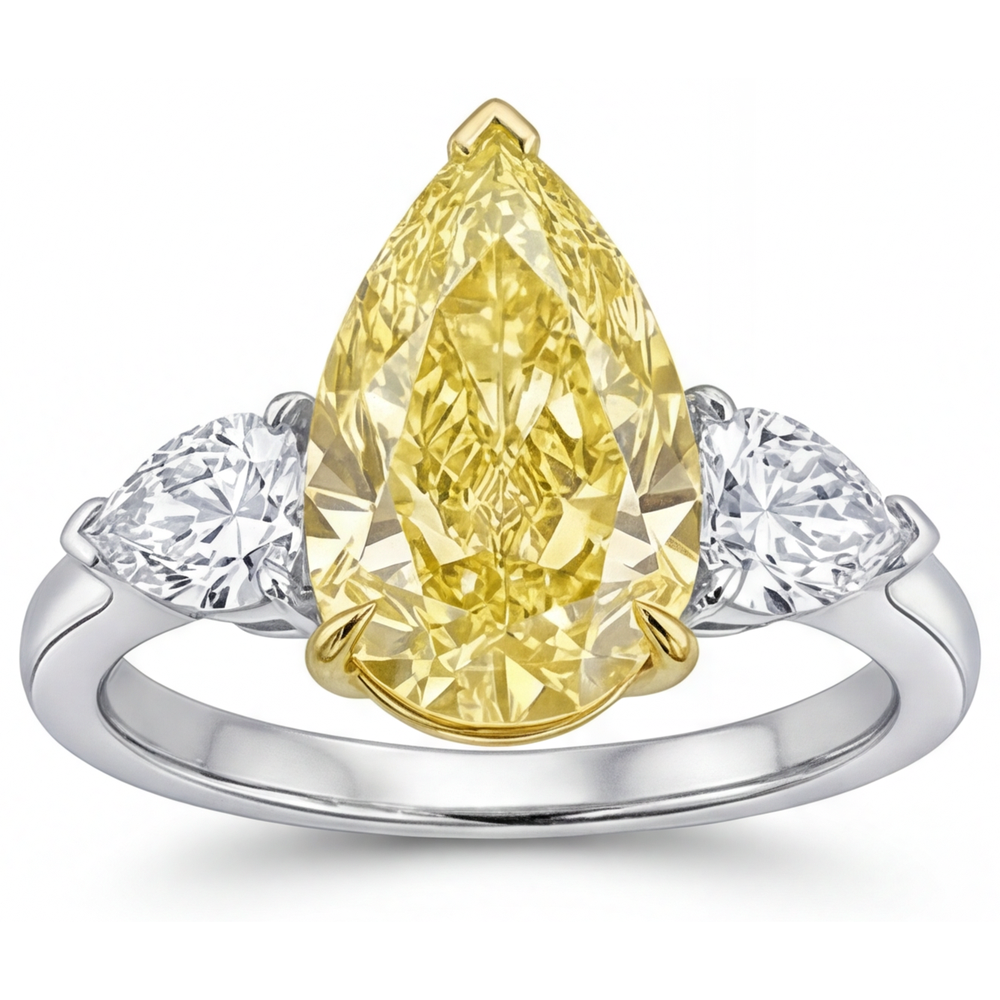 Canary Yellow Diamond Pear Shape Three Stone Ring in 14 Karat Two Tone Gold – front view
