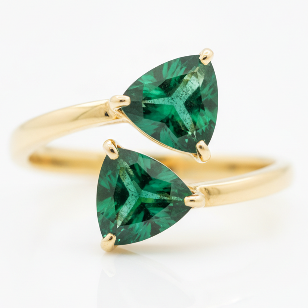 Emerald Cut Engagement Ring 1.19 Carat Genuine Colombian Trilliant Two Stone 18K Yellow Gold