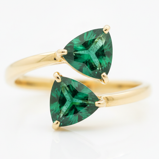 Emerald Cut Engagement Ring 1.19 Carat Genuine Colombian Trilliant Two Stone 18K Yellow Gold