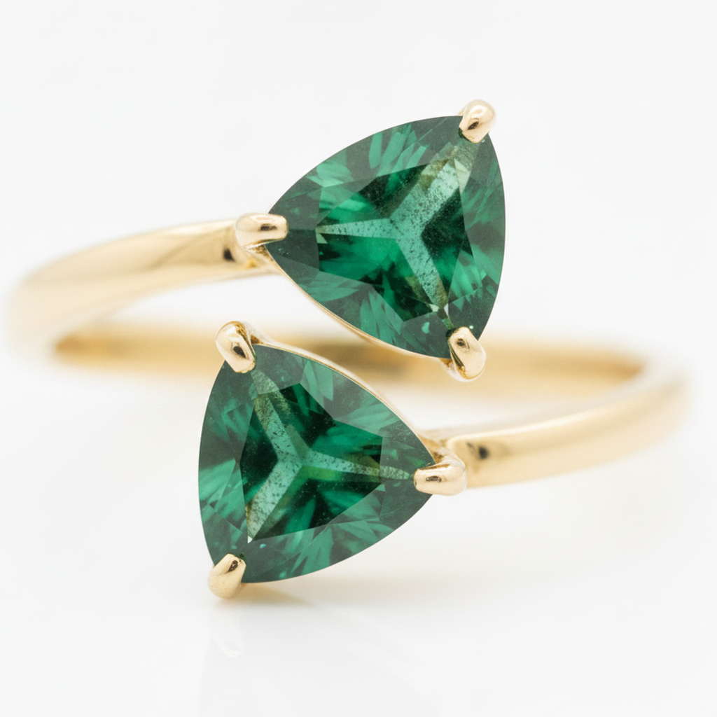 Emerald Cut Engagement Ring 1.19 Carat Genuine Colombian Trilliant Two Stone 18K Yellow Gold