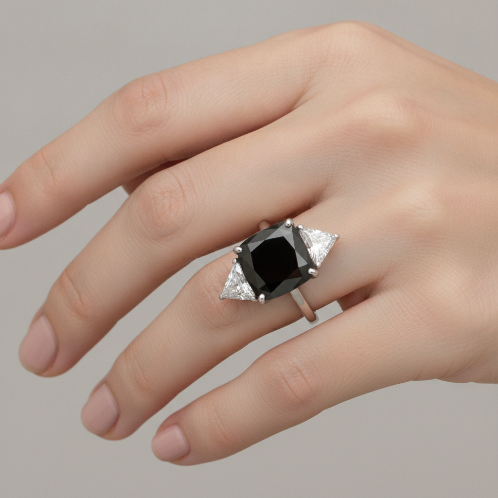 Women's Black Engagement Ring 3.6 Carat Real Cushion Diamond Trilliant Three Stone 14K White Gold